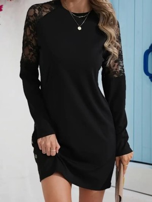 Yeşil Sarmaşık Kadın Uzun Kollu Bisiklet Yaka Dantel Detaylı VISK8N Iki Iplik Düğmeli Mini Elbise