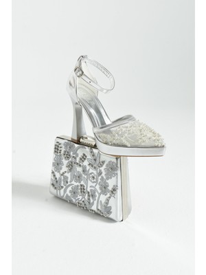 Dabab Shoes dababshoes Pearly Gümüş Kadın Platformlu 11CM Topuklu Tül Incili Bilekten Bantlı Abiye Ayakkabı + Abiye Çanta Özel Kombin