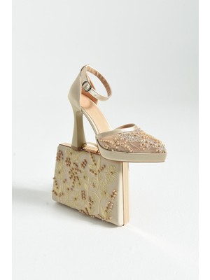 Dabab Shoes dababshoes Pearly Ten Kadın Platformlu 11CM Topuklu Tül Incili Bilekten Bantlı Abiye Ayakkabı + Abiye Çanta Özel Kombin