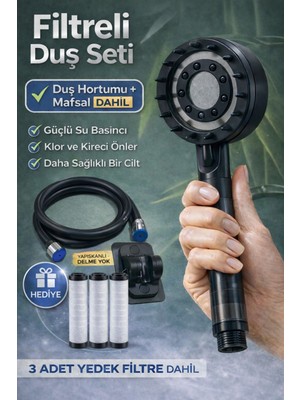 Suvia Filtreli Duş Başlığı | Klor ve Kireç Önleyici | Yüksek Basınç | 3 Yedek Filtre + Hortum + Mafsal