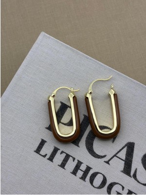 Hedef Bijuteri U Model Kahverengi Kemik Reçine Tasarım Küpe