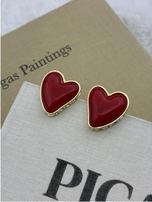 Hedef Bijuteri Kırmızı Taşlı Gold Detaylı Kalp Model Tasarım Küpe