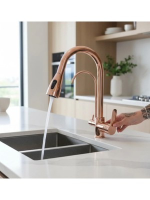 İsaoğlu Yapı Bronz Arıtmalı Spiralli Mutfak Bataryası Bakır Uzayan Sistem Arıtıcılı Armatür Rose Bakır