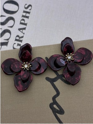 Hedef Bijuteri Bordo Siyah Renkli,zirkon Taşlı Büyük Çiçek Model Kemik Reçine Küpe
