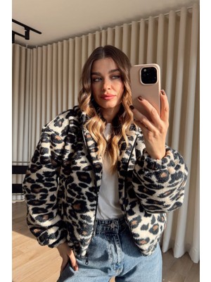 Sue Store Siyah Leopar Desenli Kapşonlu Astarlı Beli Lastikli Peluş Sweatshirt