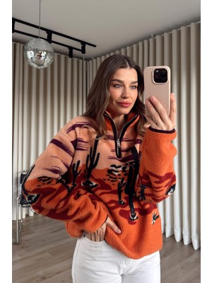 Sue Store Turuncu Yarım Fermuarlı Çöl Desen Oversize Peluş Sweatshirt