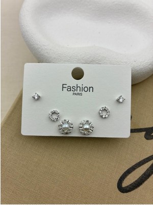 Hedef Bijuteri Zirkon Taşlı Gümüş Renk 6'lı Yuvarlak Incili Model Küpe Seti