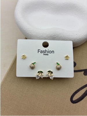 Hedef Bijuteri Zirkon Taşlı Gold Renk 6'lı Kiraz,elma Model Küpe Seti