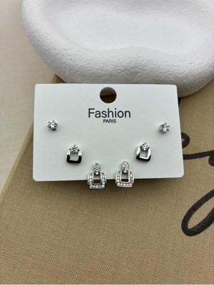 Hedef Bijuteri Zirkon Taşlı Gümüş Renk 6'lı Kare Köşeli Model Küpe Seti