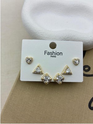 Hedef Bijuteri Zirkon Taşlı Gold Renk 6'lı Üçgen Kare Model Küpe Seti