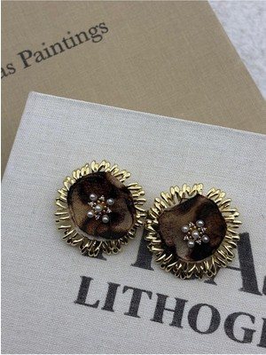 Hedef Bijuteri Leopar Tül ve Inci Detaylı Özel Seri Gold Renk Küpe