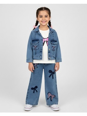 Ege Bebek Kız Çocuk 3'lü Kalp Nakışlı Jean Takım, Kız Çocuk Kot Takım, Bayramlık Kombin, 5-12 Yaş Kot Takım