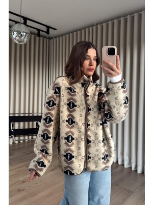 Sue Store Bej Siyah Desenli Fermuarlı Oversize Peluş Sweatshirt
