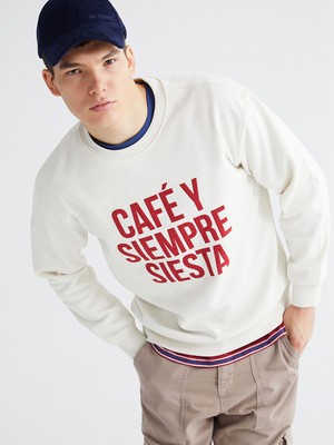 Lcw Bej Bisiklet Yaka Baskılı Erkek Kalın Sweatshirt