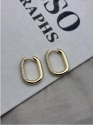 Hedef Bijuteri Zirkon Taşlı Gold Renk Oval Formlu Halka Küpe CM40