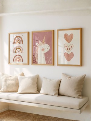 Fuart.Co Unicorn, Kalpler ve Gökkuşağı 3lü Dijital Baskı Poster (Çerçevesiz)