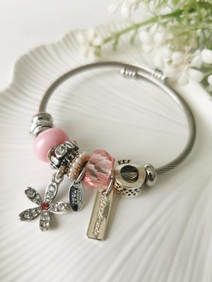 Halley Concept Çelik Pembe Boncuklu Çiçekli Model Charm Bileklik