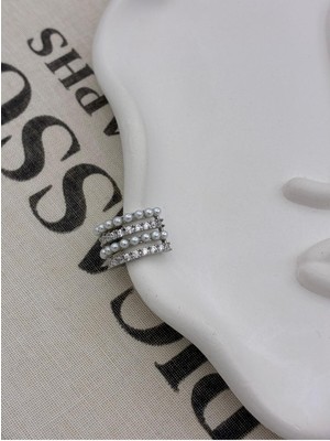 Hedef Bijuteri Gümüş Renkli 4 Sıralı Incili Zirkon Taşlı Kıkırdak Küpe Earcuff