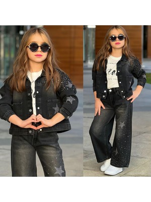 My Kids Wear Kız Çocuk Bayramlık Taş Yıldız Detaylı Kot Ceket, Pantolon & Tişört (3’lü) 12487