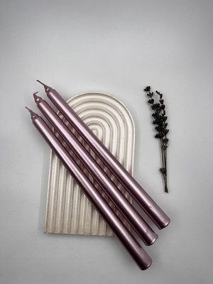 PremiumPort Şık Metalik Pembe Dekoratif Şamdan Mumu 3'lü Set