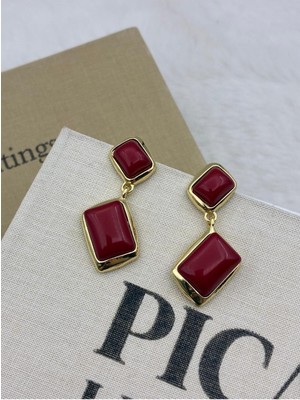 Hedef Bijuteri Bordo Renk Gold Detaylı Dikdörtgen Model Vintage Sallantılı Küpe