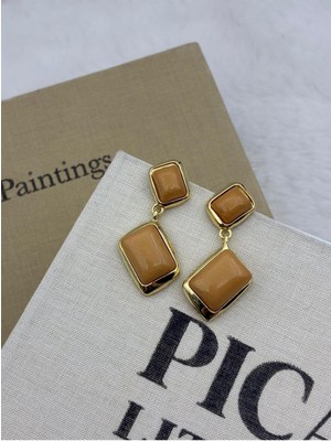 Hedef Bijuteri Açık Kahve/bej Renk Gold Detaylı Dikdörtgen Model Vintage Sallantılı Küpe