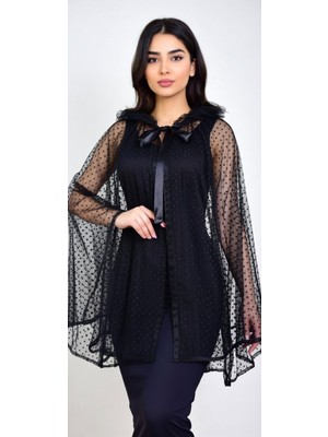 Moda Nur Pelerin, Kapşonlu Pelerin, Siyah Renk , Desenli Tül Gelin Pelerin. 85 cm