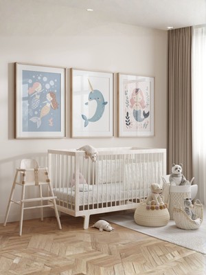 Fuart.Co Denizkızı ve Unicorn Balık 3lü Dijital Baskı Poster (Çerçevesiz)