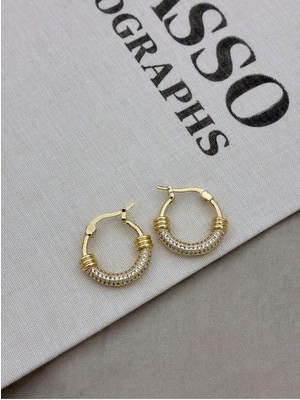 Hedef Bijuteri Zirkon Taşlı Gold Renk Halka Model Burgu Detaylı Küpe CM32