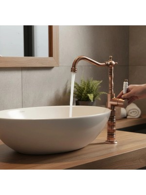 İsaoğlu Yapı Mat Bronz Çanak Lavabo Bataryası Yüksek Model Çanak Uyumlu Armatür Rustik Tasarım Mat Bakır