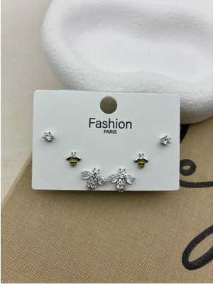 Hedef Bijuteri Zirkon Taşlı Gümüş Renk 6'lı Arı Model Küpe Seti