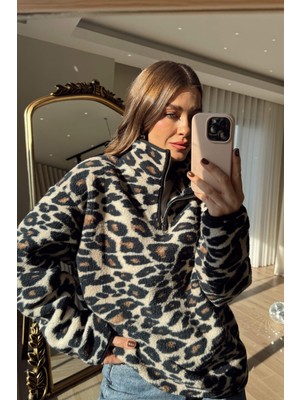 Sue Store Leopar Desenli Yarım Fermuarlı Oversize Peluş Sweatshirt