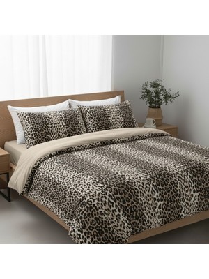 Laliva Leopar Desenli Çift Kişilik Lastikli Çarşaflı Nevresim Takımı
