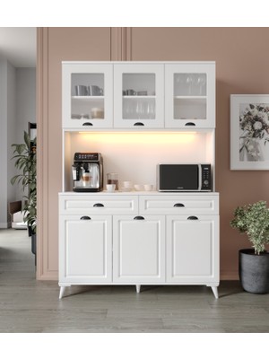 GuneyStore Luna Kahve Köşesi - Mdf - 140 cm - Ayaklı -Beyaz Mutfak Dolabı - LED Aydınlatmalı