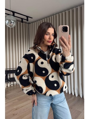 Sue Store Taba Siyah Yarım Fermuarlı Oversize Beli Lastikli Peluş Sweatshirt