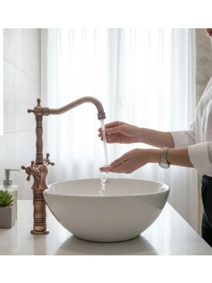 İsaoğlu Yapı Bakır Çanak Bataryası Bronz Yüksek Lavabo Armatür Mat Bakır Çift Kollu Vintage Batarya Çanak Uyumlu