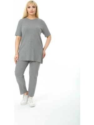 ModaSehle Kadın Kısa Kollu Beli Lastikli Yırtmaçlı Rahat Kalıp Ikili Kaşkorse Takım