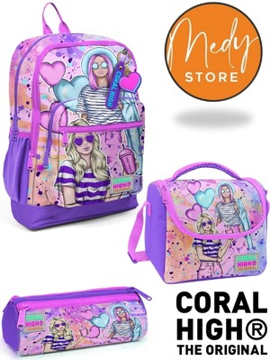 Coral High Pembe Mor Fashion Girl Desenli 3’lü Okul Çanta Seti