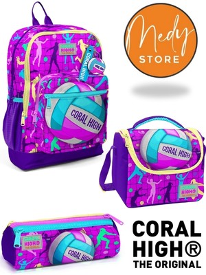 Coral High Pembe Mor Voleybol Desenli 3’lü Okul Çanta Seti