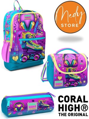 Coral High Pembe Turkuaz Kulaklık Paten Desenli 3’lü Okul Çanta Seti