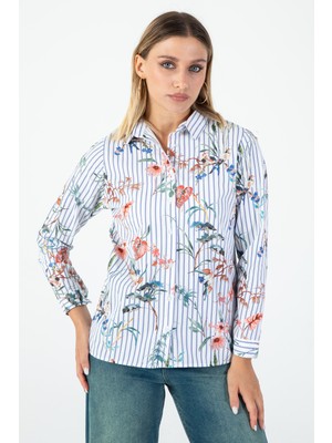 Çizgili Çiçek Desenli Kadın Gömlek – Uzun Kollu, Rahat Kalıp - Nuevo