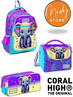 Coral High Pembe Turkuaz Fil Desenli 3’lü Okul Çanta Seti