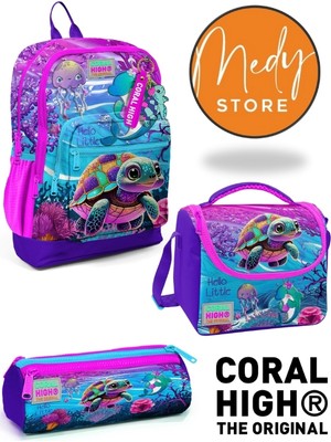Coral High Pembe Mor Kaplumbağa Desenli 3’lü Okul Çanta Seti