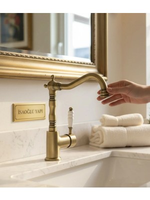 İsaoğlu Yapı Eskitme Banyo Lavabo Bataryası Eskitme Pirinç Döner Borulu Yüksek Model Lavabo Armatürü