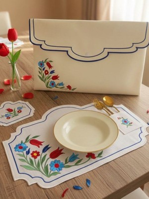 Nakışkonsept Iznik Çini Lale Motifli 6 Kişilik 12 Parça Çantalı Amerikan Servis Takımı