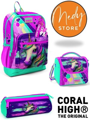 Coral High Pembe Su Yeşili Unicorn Desenli 3’lü Okul Çanta Seti