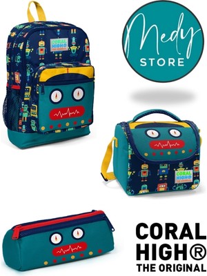 Coral High Lacivert Çivit Robot Desenli 3’lü Okul Çanta Seti
