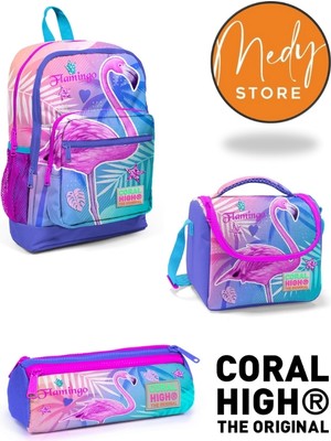 Coral High Lavanta Pembe Flamingo Desenli Desenli 3’lü Okul Çanta Seti