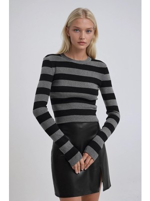 Lijuri Çizgili Desen Crop Triko Kazak 1400