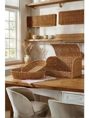 Mien Doğal Rattan 3’lü Hasır Set | Kapaklı Ekmek Sepeti ve Dekoratif Sunum Sepetleri